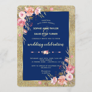 Royal Navy Blue Blush Peonies Gold Wedding Kaart