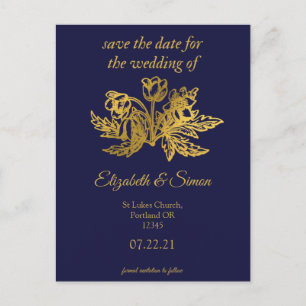royal navy blue elegant gold save the date aankondigingskaart