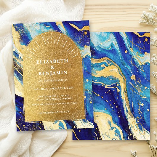 Royal Navy Blue Gold Arch Wedding Save the Date