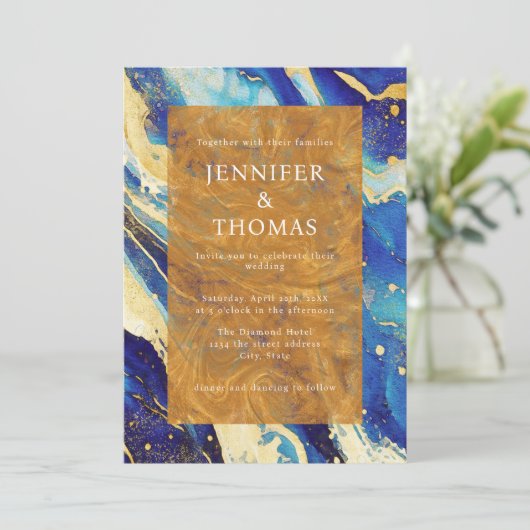 Royal Navy Blue Gold Faire-part de mariage avec ph (Debout devant)