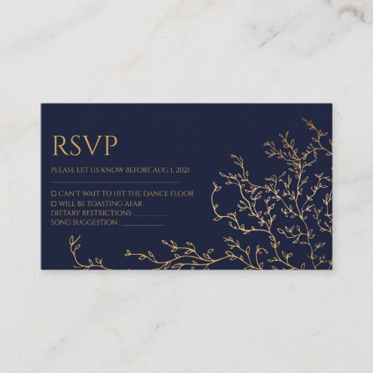 Royal Navy-Blue & Gold Wedding Rsvp Card Informatiekaartje (Voorkant)