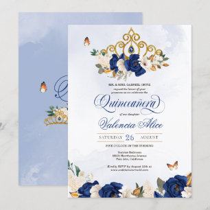 Royal Navy Blue Rozen Gold Tiara Butterfly Quince Kaart