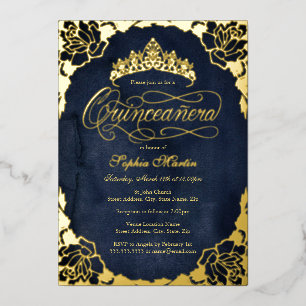 Royal Navy Gold Elegant Roos Script Quinceanera Folie Uitnodiging