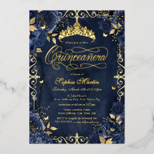 Royal Navy Gouden Vlinder Roos Quinceanera Folie Uitnodiging