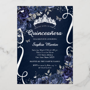 Royal Navy Scroll Bloem Vlinder Quinceanera Folie Uitnodiging
