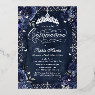 Royal Navy Zilveren Vlinder Roos Quinceanera Folie Uitnodiging