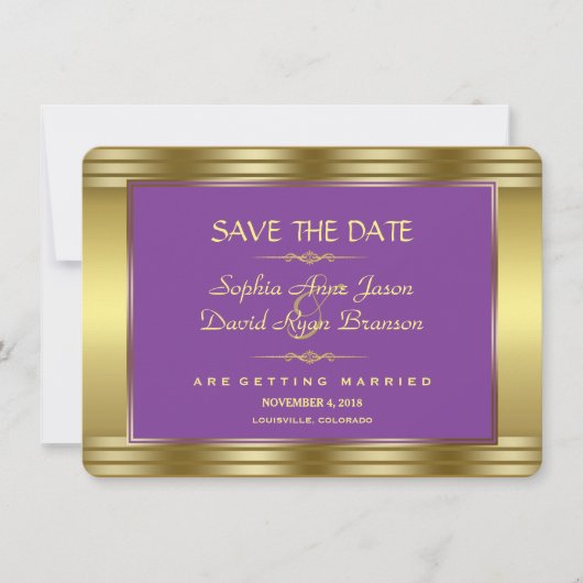 Royal Paars and Gold Wedding Save the Date (Voorkant)