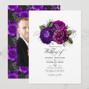 Royal Paars and Silver Floral Wedding Photo Kaart