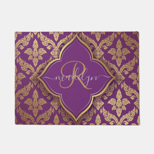 Royal Paars Gold Damask Pattern Fleur Monogram Deurmat (Voorkant)