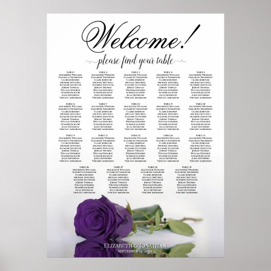 Royal Paars Roos 19 Table Wedding Seating Chart Poster (Voorkant)