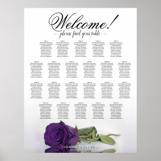 Royal Paars Roos 22 Table Wedding Seating Chart Poster (Voorkant)
