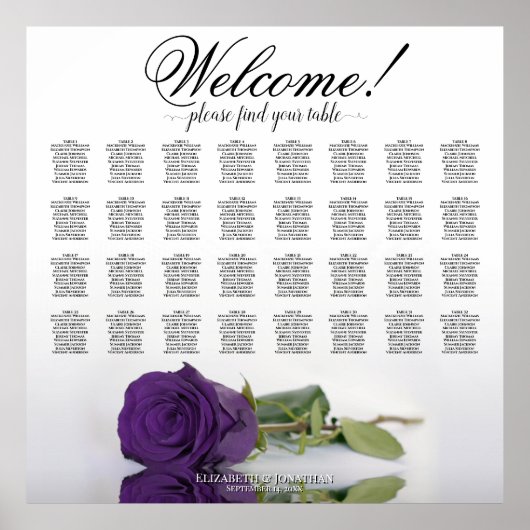 Royal Paars Roos 32 Table Wedding Seating Chart Poster (Voorkant)