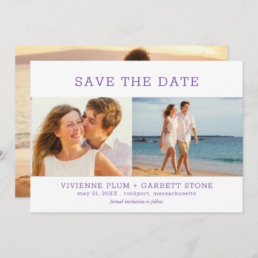 Royal Paars Text Three Photo Wedding Save The Date (Voorkant / Achterkant)