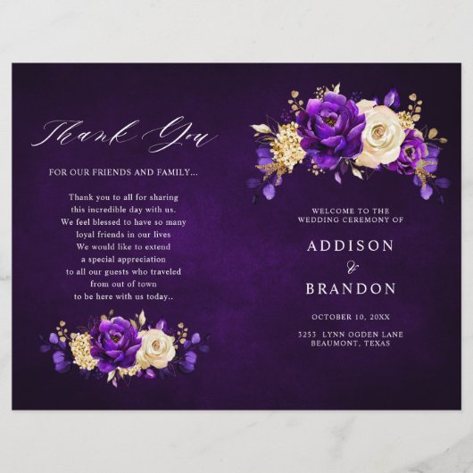 Royal Paars Violet Gold Botanical Wedding Programm (Voorkant)