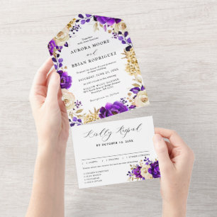 Royal Paars Violet Gold Floral Botanical Wedding All In One Uitnodiging