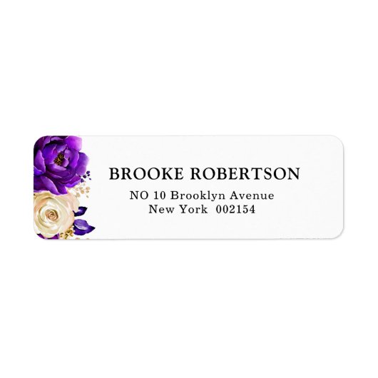 Royal Paars Violet Gold Floral Botanical Wedding Etiket (Voorkant)