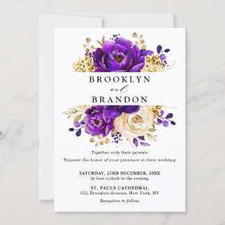 Royal Paars Violet Gold Floral Botanical Wedding Kaart