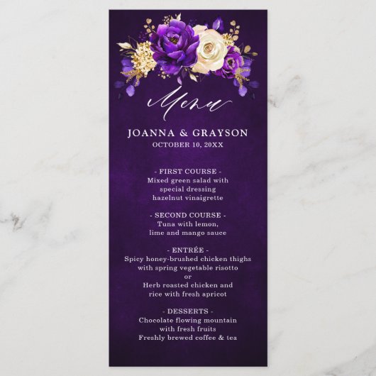 Royal Paars Violet Gold Floral Botanical Wedding Menu (Voorkant)