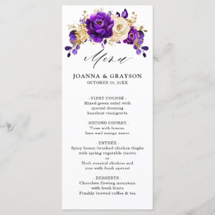 Royal Paars Violet Gold Floral Botanical Wedding Menu