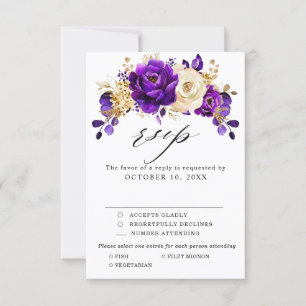 Royal Paars Violet Gold Floral Botanical Wedding RSVP Kaartje