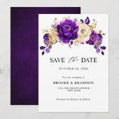Royal Paars Violet Gold Floral Botanical Wedding Save The Date (Voorkant / Achterkant)