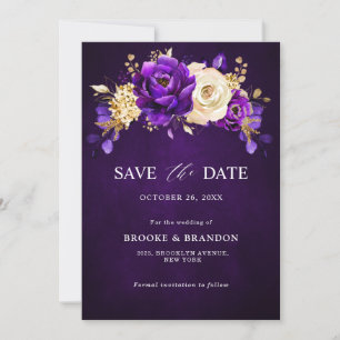 Royal Paars Violet Gold Floral Botanical Wedding Save The Date
