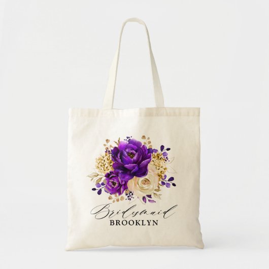 Royal Paars Violet Gold Floral Botanical Wedding Tote Bag (Voorkant)