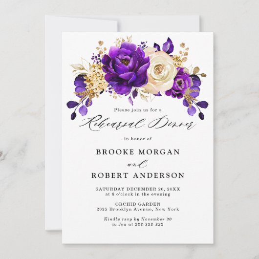 Royal Paars Violet Gold Floral repesal Dinner Kaart (Voorkant)