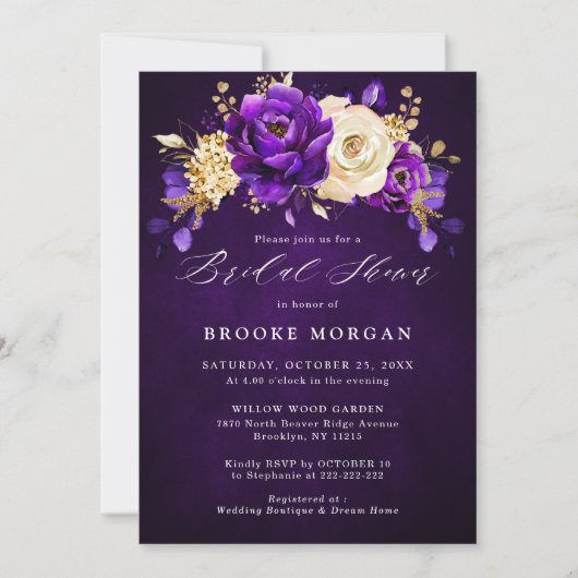 Royal Paars Violet Gold Floral Vrijgezellenfeest I Kaart (Voorkant)