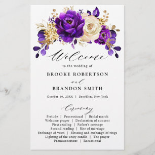 Royal Paars Violet Gold Floral Wedding Programme