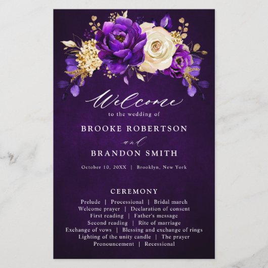 Royal Paars Violet Gold Floral Wedding Programme (Voorkant)