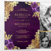 Royal Paarse Bloemen Goud Kant QR Code Bruiloft Drieluik Uitnodiging (Binnenzijde eerst)