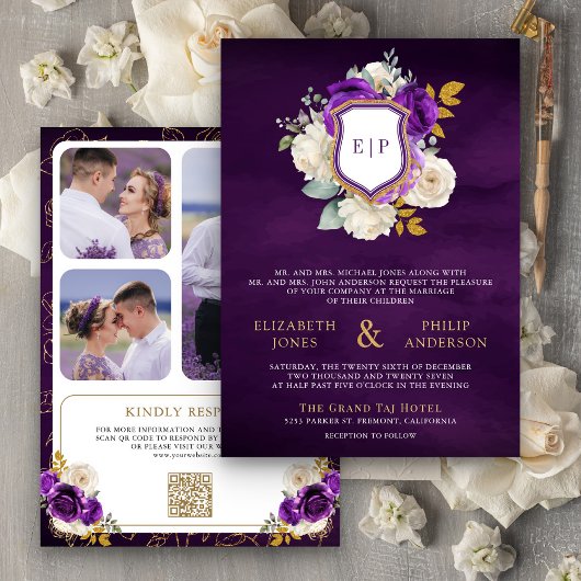 Royal Paarse Bloemen QR Code Foto Crest Wedding Kaart