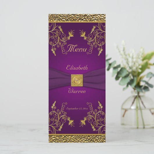 Royal Paarse en Gouden Bloemen Menu Kaart (Staand voorkant)