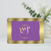 Royal Paarse en gouden bruiloft RSVP (Staand voorkant)