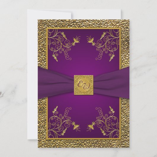 Royal Paarse en gouden Monogram bruiloft uitnodigi Kaart (Voorkant)