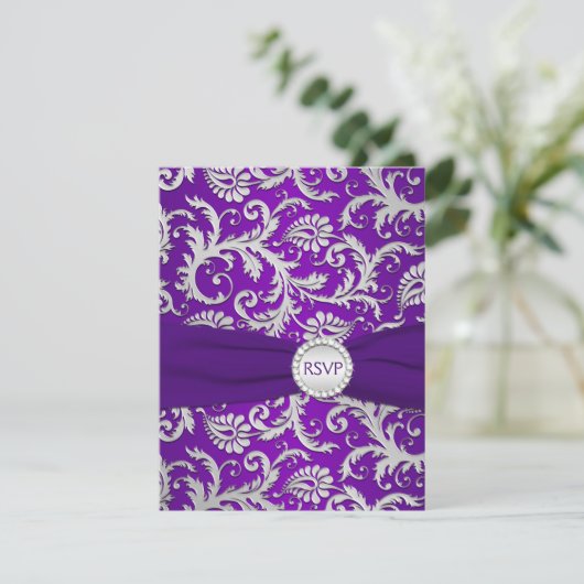 Royal Paarse en Silver Damask RSVP-kaart RSVP Kaartje (Staand voorkant)
