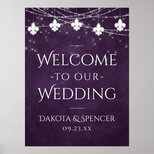 Royal Paarse Fleur de Lis Light | Welkom bruiloft Poster (Voorkant)