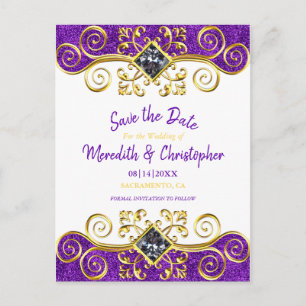 Royal Paarse Glitter Gold Gemstone Save the Date Aankondigingskaart