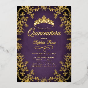 Royal Paarse Gold Crown Floral Quinceanera Folie Uitnodiging