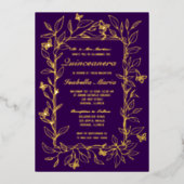 Royal Paarse Gold Foil Quinceañera Uitnodigingen (Voorkant)