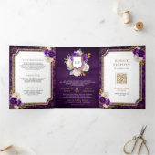 Royal Paarse Gouden Bloemen Alles in Een Kreeft Hu Drieluik Uitnodiging (Binnen)