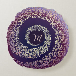 Royal Paarse & Gouden Damask Monogram Rond Kussen