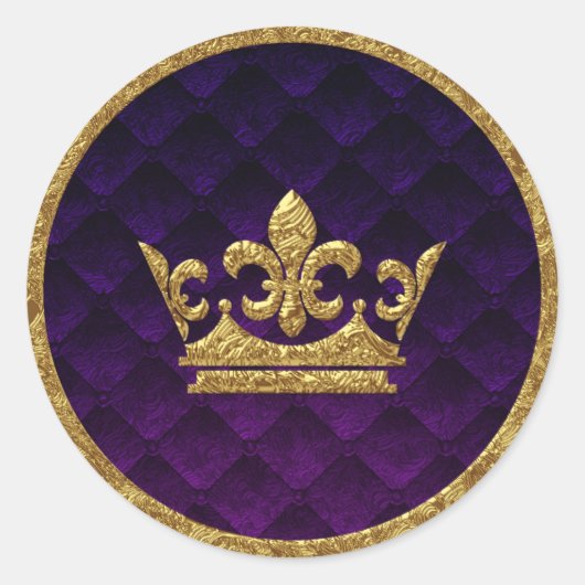 Royal Paarse & gouden kroon verhalenboek bruiloft  Ronde Sticker (Voorkant)