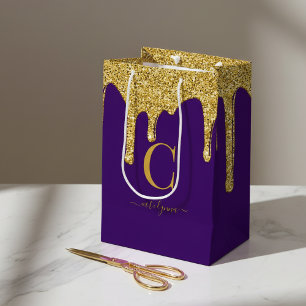 Royal Paarse Gouden Sparkle Glitter Drips Monogram Medium Cadeauzakje