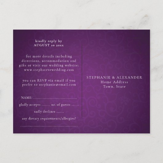 Royal Paarse String Lights Bruiloft RSVP Uitnodiging Briefkaart (Achterkant)