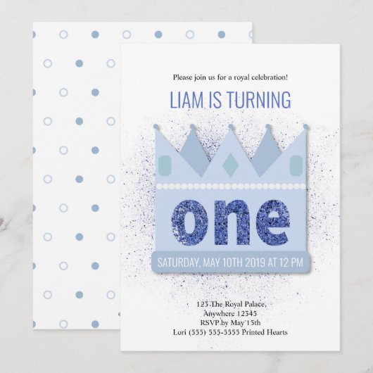 Royal Prince 1e verjaardag uitnodiging | Kroon (Voorkant / Achterkant)