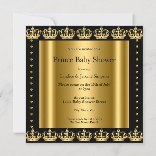 Royal Prince Baby shower Black Gold Crown Kaart (Achterkant)