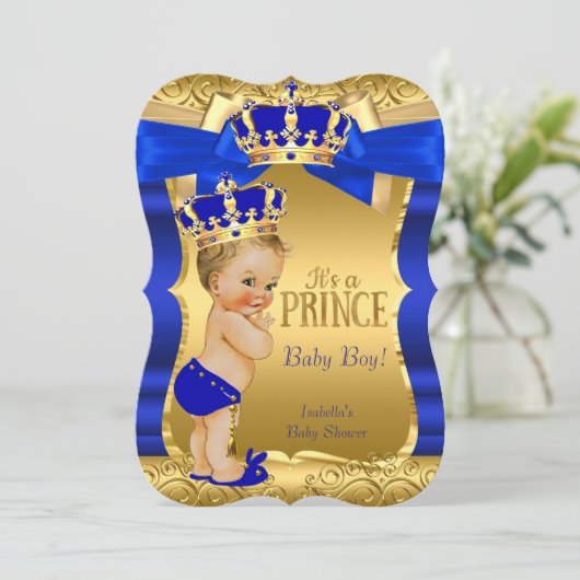 Royal Prince Baby shower Blue Gold Bow Blonde Kaart (Staand voorkant)