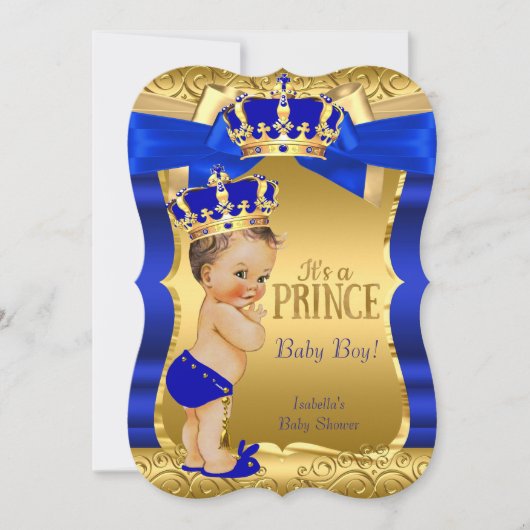 Royal Prince Baby shower Blue Gold Bow Brunette Kaart (Voorkant)